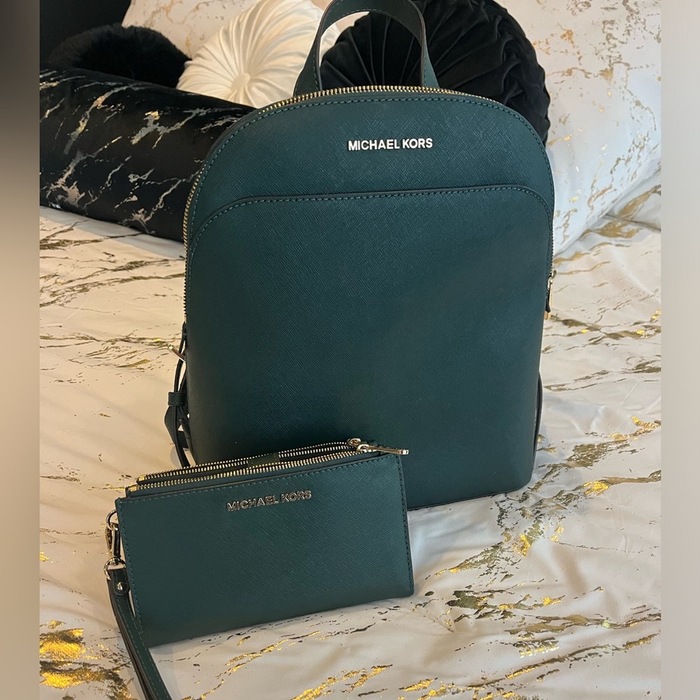 Michael Kors leather backpack & wallet set, forest green with gold hardware